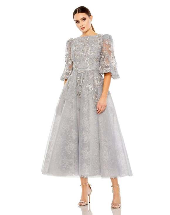 Mac Duggal Dresses & Skirts - BRAND NEW Mac Duggal Embellished Lace Puff Sleeve Midi Dress in Silver SIZE 8
